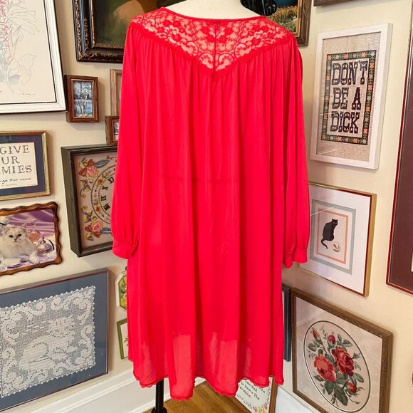80s Vintage Miss Elaine Red Lace Trim Long Sleeve Nylon Robe Size L Made in USA - Picture 3 of 7